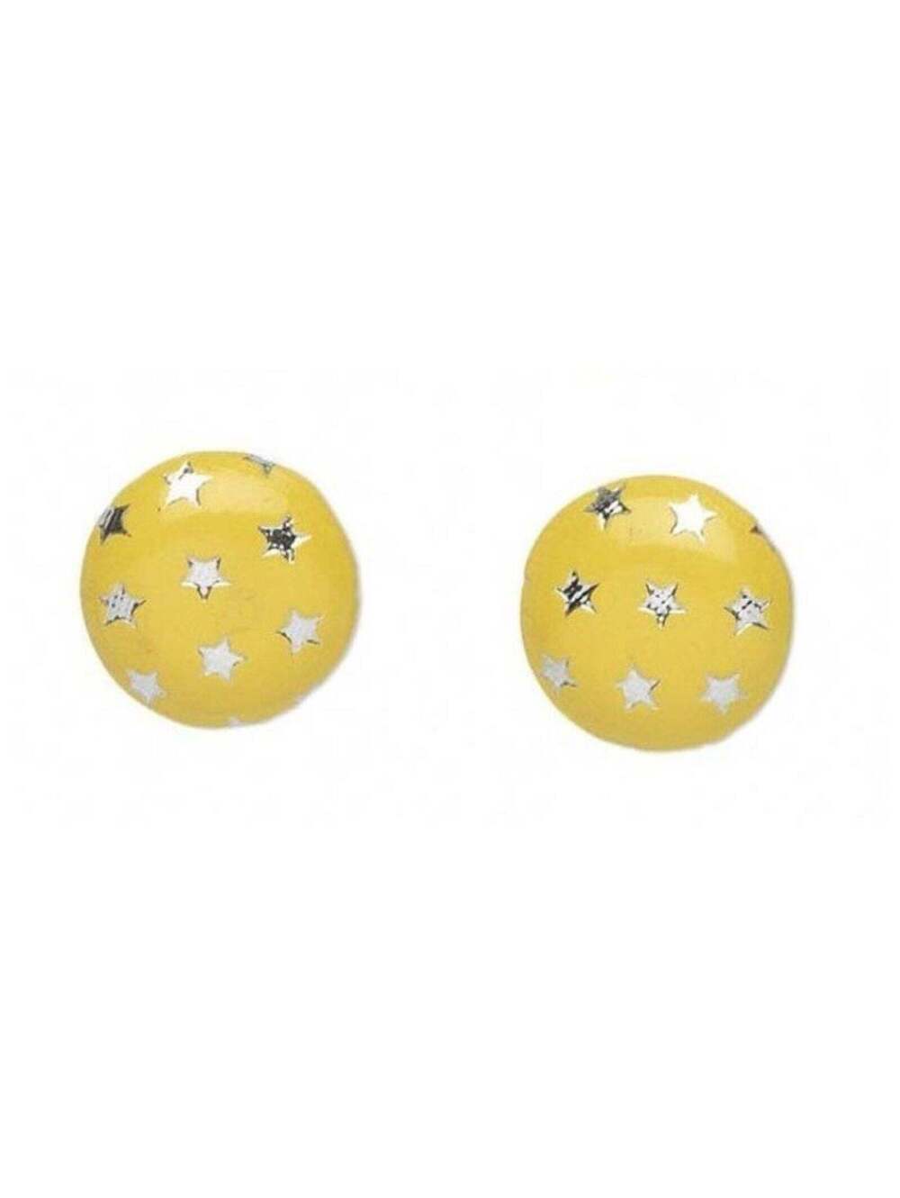 Vegan Faux Leather Round 15mm Button Post Earrings Yellow w Silver Metallic Star